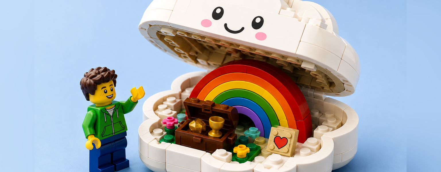 A smiling white brick-built cloud opens to reveal a colorful rainbow, treasure chest and small heart tile, with a generic brick figure standing beside it.