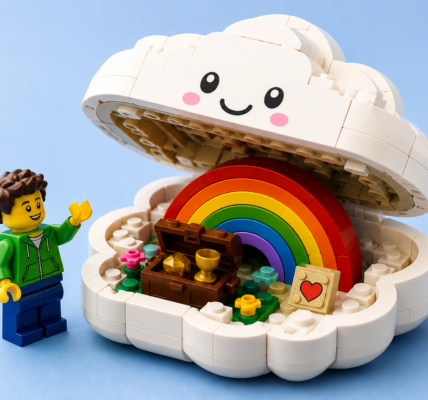 A smiling white brick-built cloud opens to reveal a colorful rainbow, treasure chest and small heart tile, with a generic brick figure standing beside it.