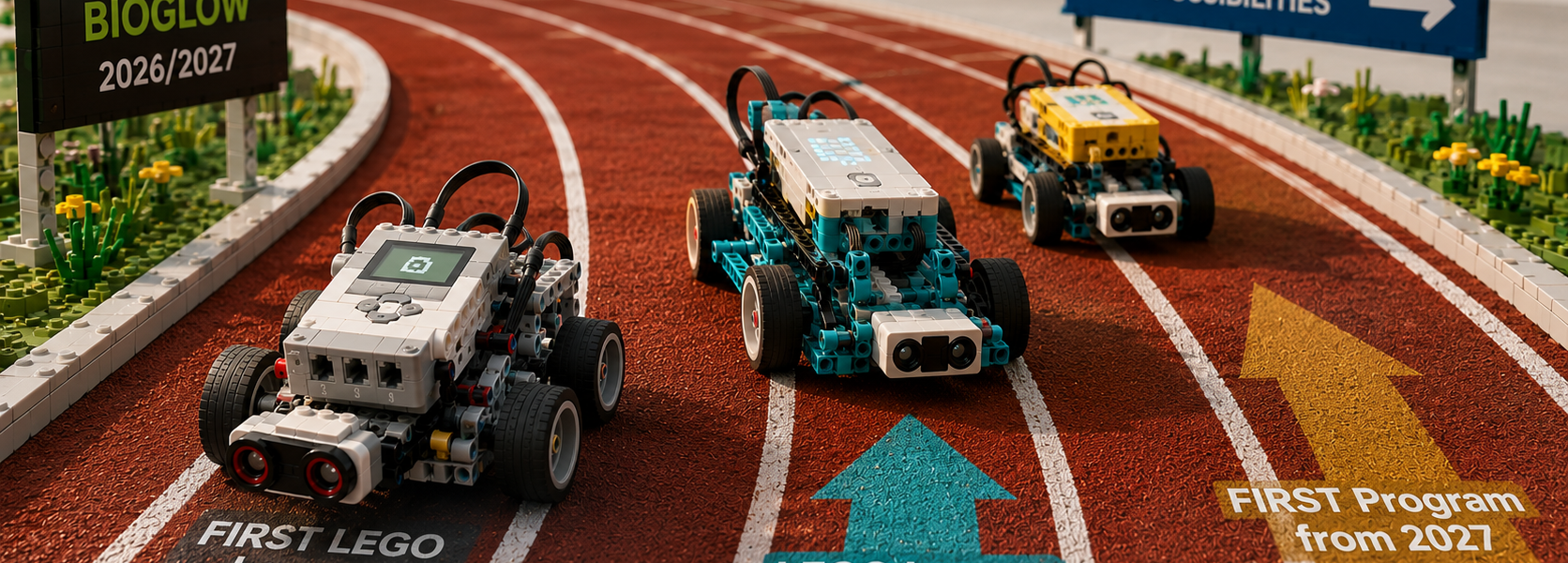 Three brick-built robots race on an athletics track with markings referring to the end of FIRST LEGO League and new programs beginning in 2027.