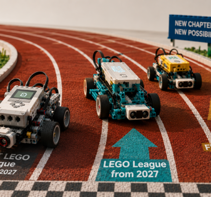 Three brick-built robots race on an athletics track with markings referring to the end of FIRST LEGO League and new programs beginning in 2027.