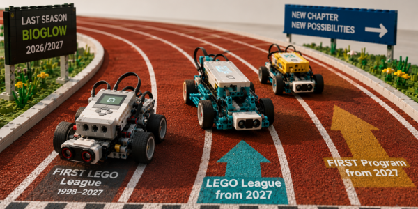 Three brick-built robots race on an athletics track with markings referring to the end of FIRST LEGO League and new programs beginning in 2027.