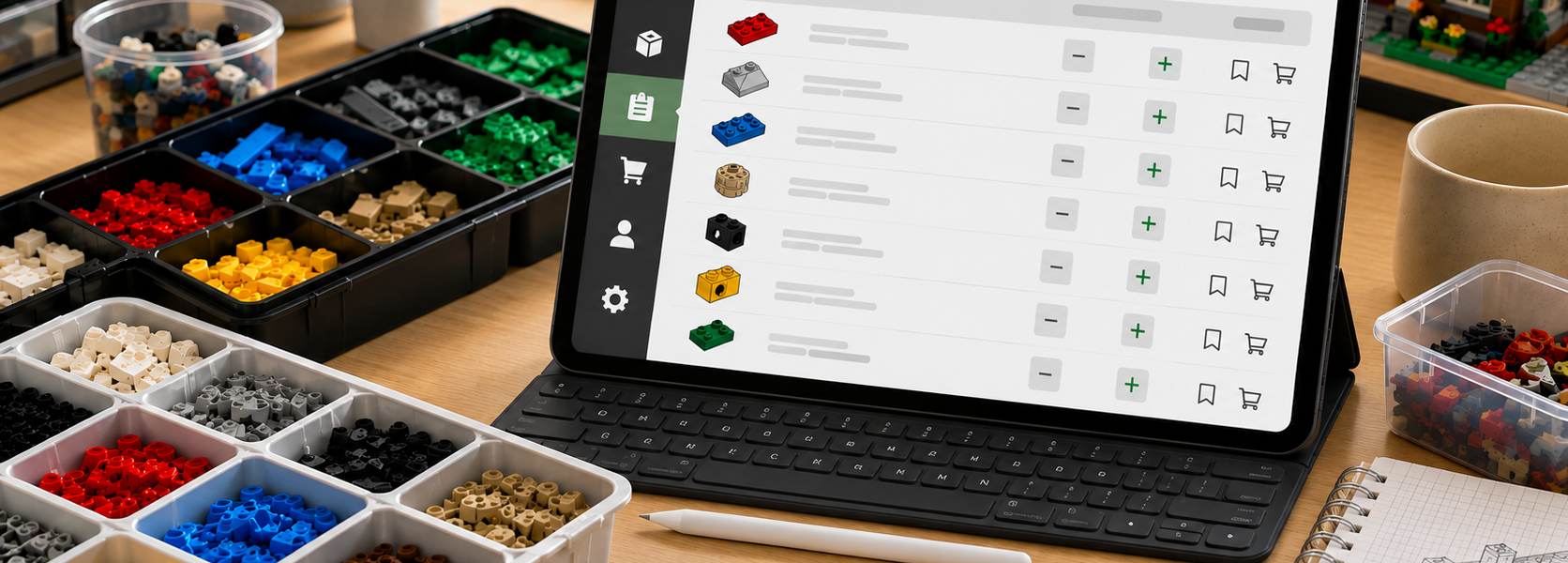 A bright desk with sorted brick parts and a tablet showing a generic missing-parts inventory with simple quantity controls.