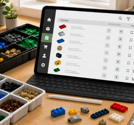 A bright desk with sorted brick parts and a tablet showing a generic missing-parts inventory with simple quantity controls.