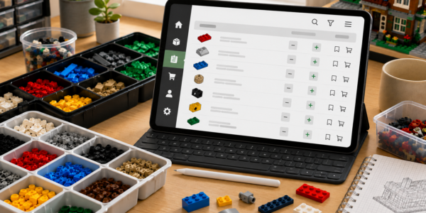 A bright desk with sorted brick parts and a tablet showing a generic missing-parts inventory with simple quantity controls.