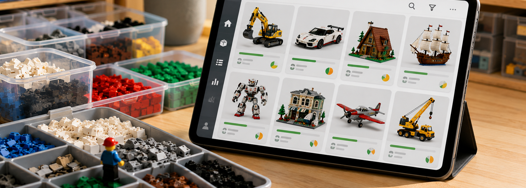 A bright desk with trays of sorted loose bricks and a tablet showing a generic build-discovery catalog with simple completion indicators.