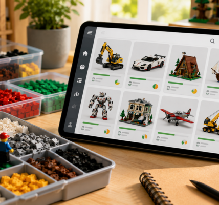 A bright desk with trays of sorted loose bricks and a tablet showing a generic build-discovery catalog with simple completion indicators.