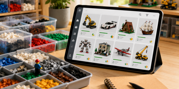 A bright desk with trays of sorted loose bricks and a tablet showing a generic build-discovery catalog with simple completion indicators.