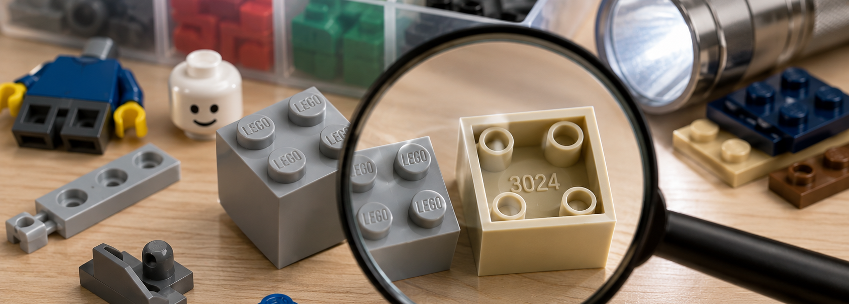 Editorial macro scene showing used brick elements being inspected under a magnifying glass, with molded LEGO marks on studs and the number 3024 visible inside a part.