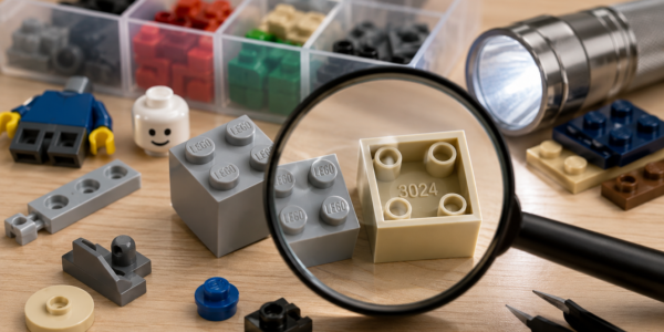 Editorial macro scene showing used brick elements being inspected under a magnifying glass, with molded LEGO marks on studs and the number 3024 visible inside a part.