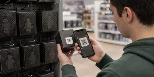A young shopper scans the Data Matrix code on the bottom of a collectible minifigure box with a smartphone next to a store display of similar boxes.