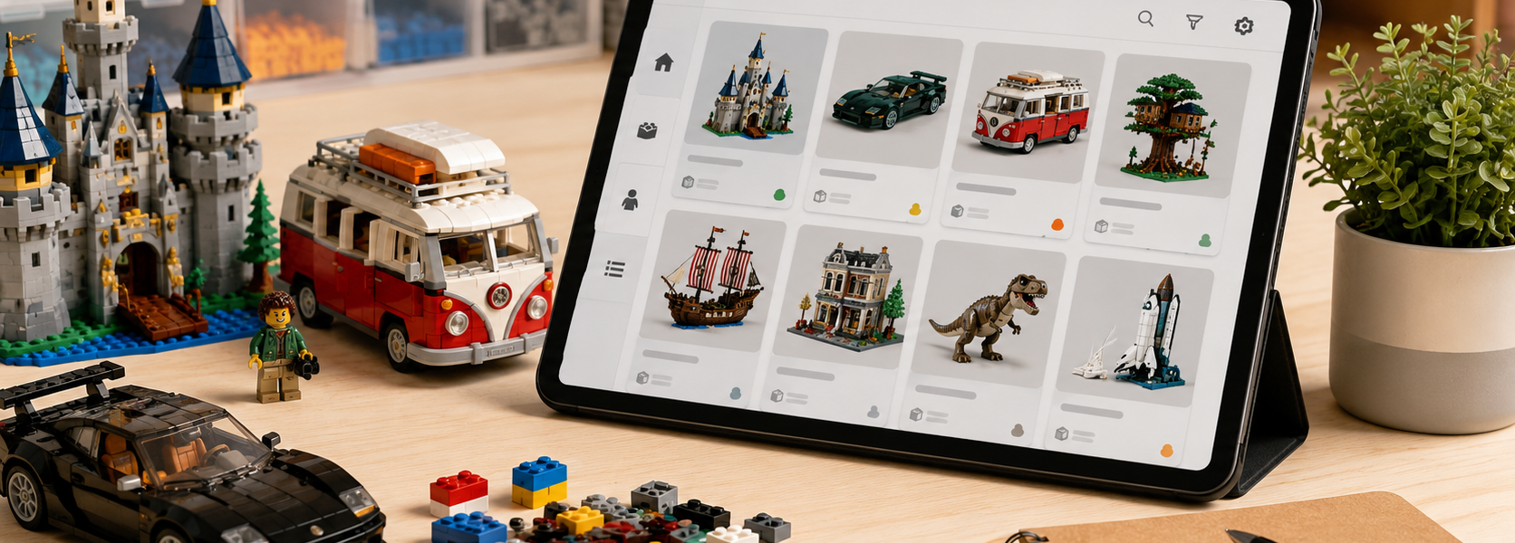 A bright collector desk with a tablet showing a generic card-grid catalog, surrounded by several brick-built models, loose parts and a notebook.