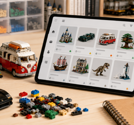 A bright collector desk with a tablet showing a generic card-grid catalog, surrounded by several brick-built models, loose parts and a notebook.