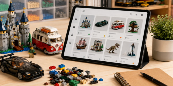 A bright collector desk with a tablet showing a generic card-grid catalog, surrounded by several brick-built models, loose parts and a notebook.