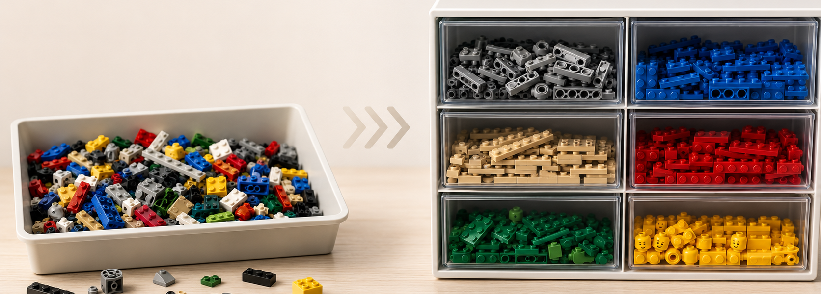 A tray of mixed building bricks on the left and a drawer organizer with sorted parts on the right, connected by subtle arrows.