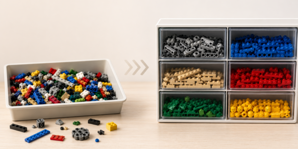 A tray of mixed building bricks on the left and a drawer organizer with sorted parts on the right, connected by subtle arrows.