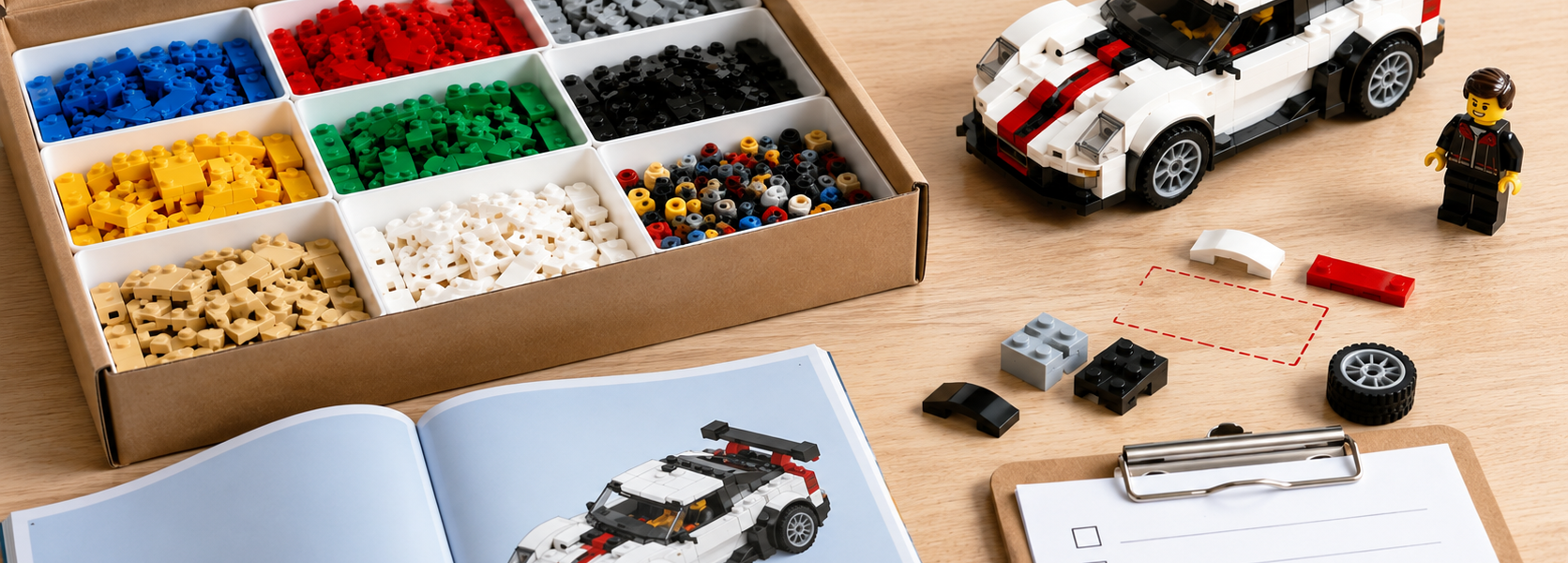 An open box of sorted brick pieces, a built model, loose parts, a text-free instruction booklet and a checklist on a bright tabletop, illustrating how to verify a used set is complete.