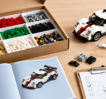 An open box of sorted brick pieces, a built model, loose parts, a text-free instruction booklet and a checklist on a bright tabletop, illustrating how to verify a used set is complete.