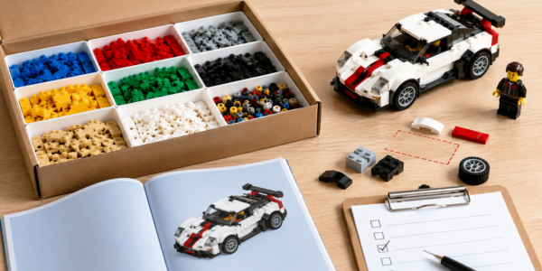An open box of sorted brick pieces, a built model, loose parts, a text-free instruction booklet and a checklist on a bright tabletop, illustrating how to verify a used set is complete.