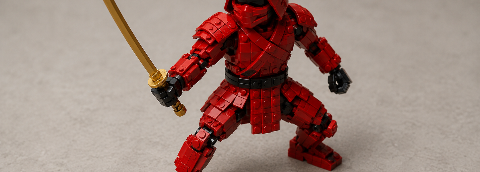 Anonymous red brick-built ninja warrior holding a golden sword on a neutral studio background, viewed slightly from above.