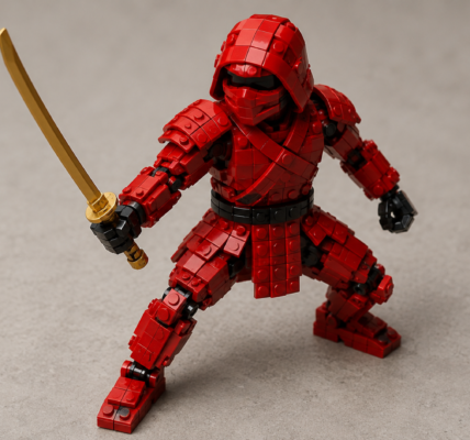 Anonymous red brick-built ninja warrior holding a golden sword on a neutral studio background, viewed slightly from above.