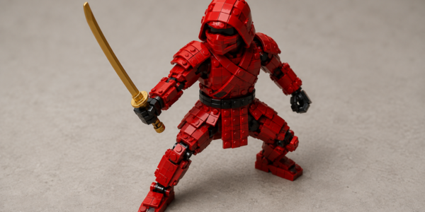 Anonymous red brick-built ninja warrior holding a golden sword on a neutral studio background, viewed slightly from above.