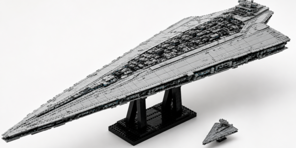 A large gray wedge-shaped brick-built sci-fi starship on a black stand, with a smaller ship beside it to show scale, set against a bright neutral background.