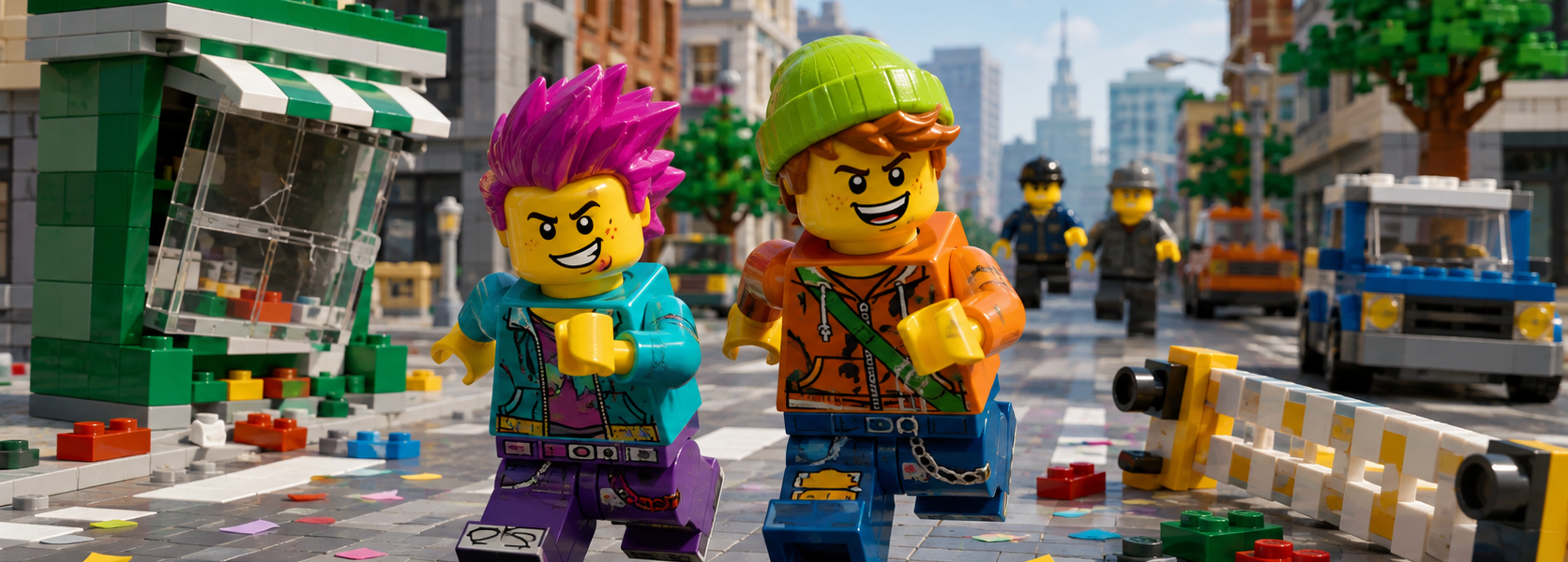 Two colorful generic brick figures run through a bright city street among scattered pieces and a tipped barrier, while two pursuers approach in the background.