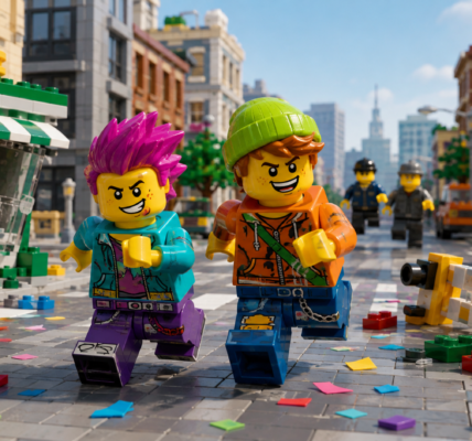 Two colorful generic brick figures run through a bright city street among scattered pieces and a tipped barrier, while two pursuers approach in the background.