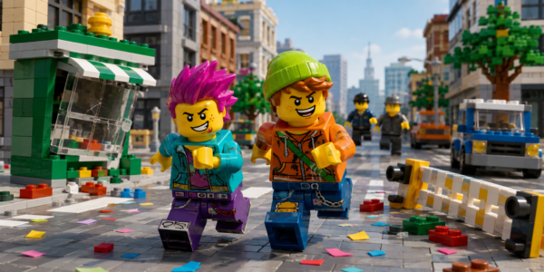 Two colorful generic brick figures run through a bright city street among scattered pieces and a tipped barrier, while two pursuers approach in the background.