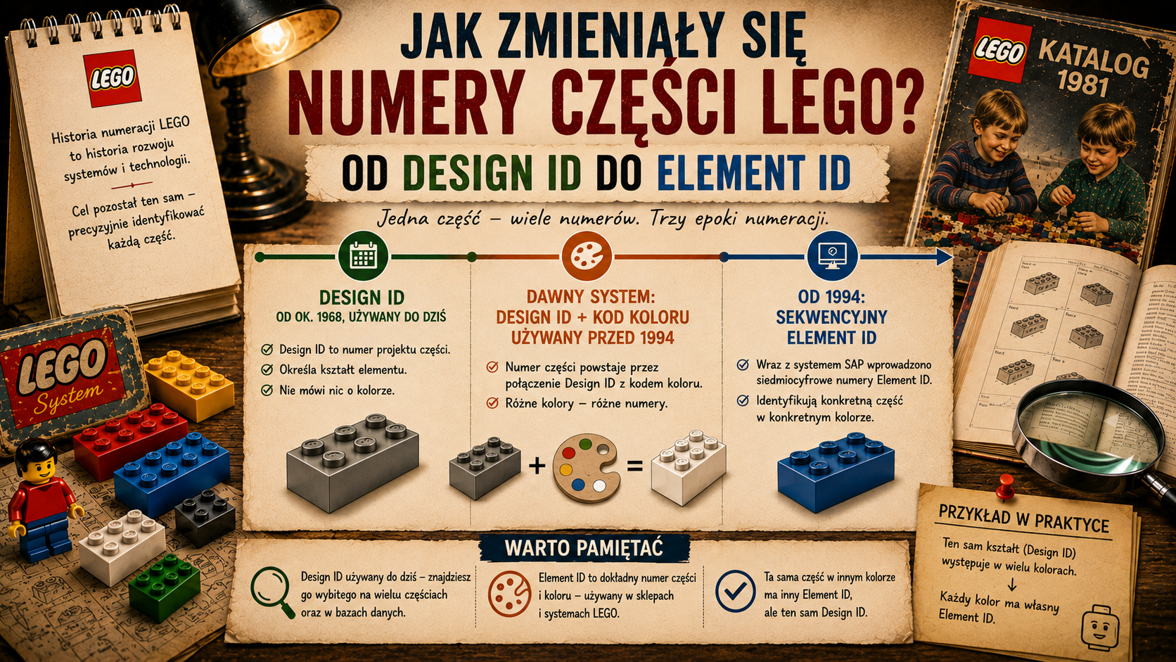 Infographic showing the evolution of LEGO part numbering from Design ID to Element ID