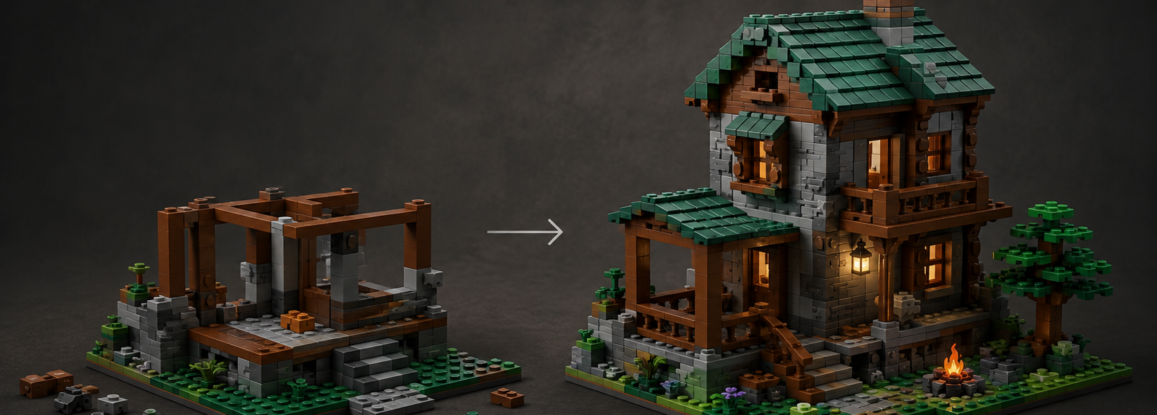 Editorial comparison graphic showing an unfinished block-built house on the left and a more complete, detailed structure on the right, linked by a subtle arrow.