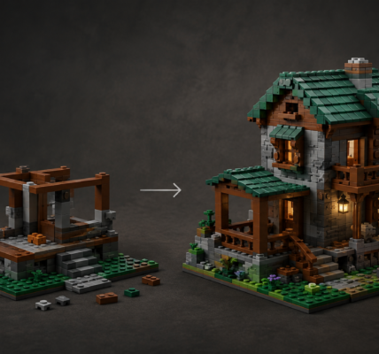 Editorial comparison graphic showing an unfinished block-built house on the left and a more complete, detailed structure on the right, linked by a subtle arrow.
