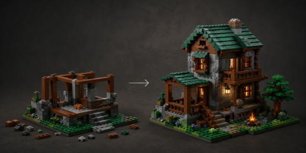Editorial comparison graphic showing an unfinished block-built house on the left and a more complete, detailed structure on the right, linked by a subtle arrow.