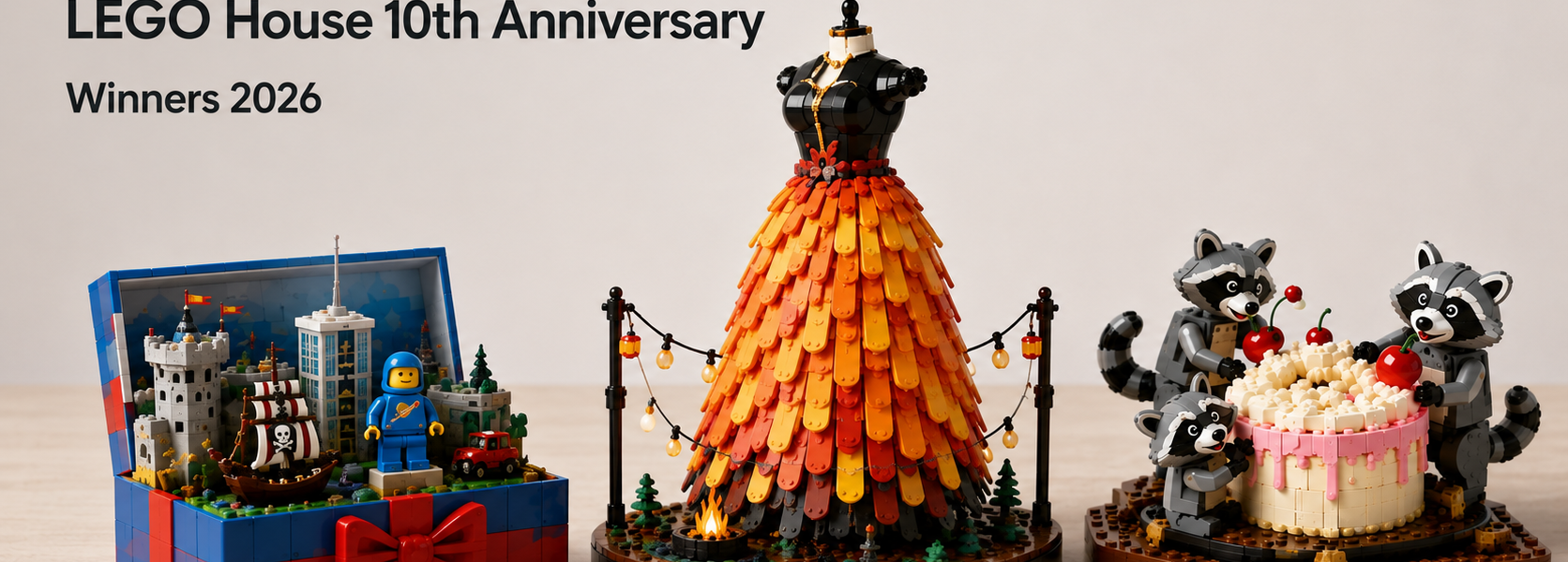 Three fan-built LEGO House challenge models on a light tabletop: an open memory-filled gift box, an orange-red brick-built dress, and a cake scene with three raccoon characters.