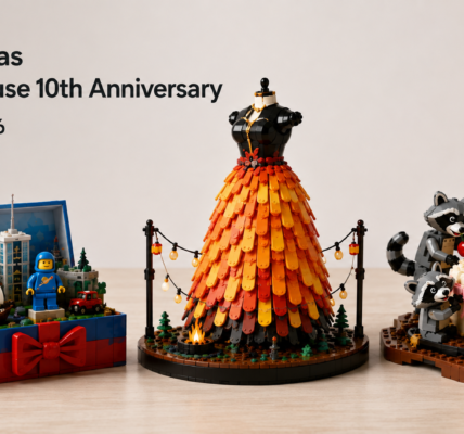 Three fan-built LEGO House challenge models on a light tabletop: an open memory-filled gift box, an orange-red brick-built dress, and a cake scene with three raccoon characters.