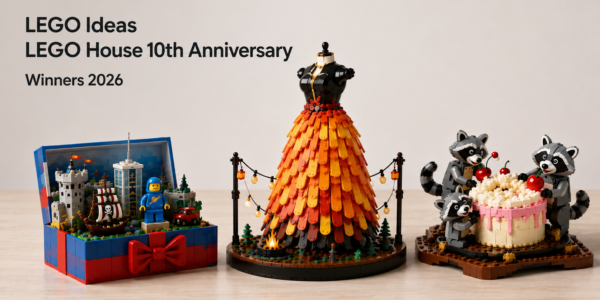 Three fan-built LEGO House challenge models on a light tabletop: an open memory-filled gift box, an orange-red brick-built dress, and a cake scene with three raccoon characters.