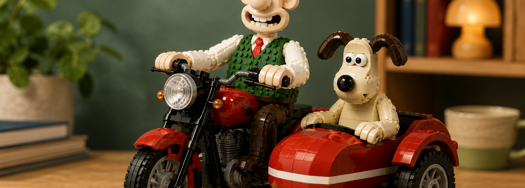 Brick-built illustration of Wallace and Gromit riding a motorcycle with a red sidecar in a restrained studio setting.