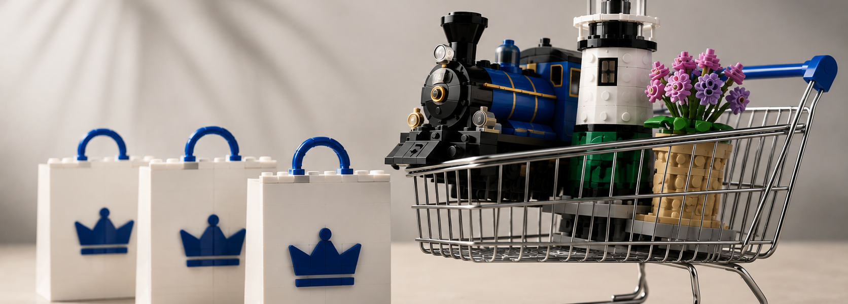 A shopping cart with three brick-built models beside three white bags, representing the option to add up to three physical LEGO Insiders rewards to one order.
