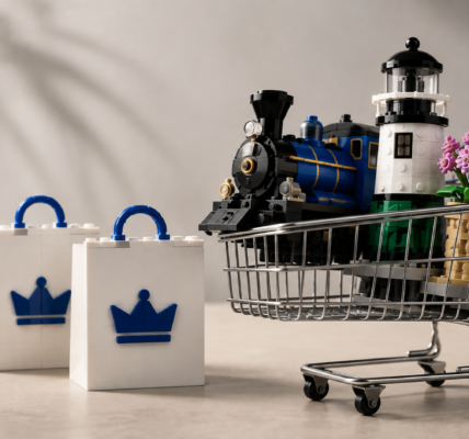 A shopping cart with three brick-built models beside three white bags, representing the option to add up to three physical LEGO Insiders rewards to one order.