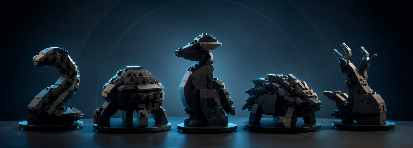 Five generic dark brick-built creature models displayed on stands and lit with blue light.