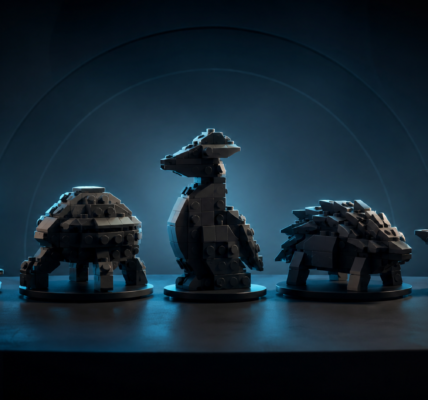 Five generic dark brick-built creature models displayed on stands and lit with blue light.