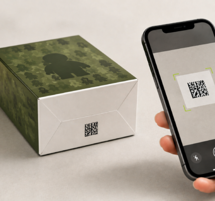 A hand holding a phone that scans a Data Matrix code on the bottom of a green-and-white collectible minifigure box.