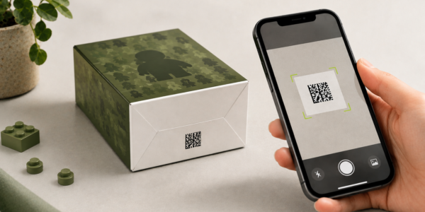 A hand holding a phone that scans a Data Matrix code on the bottom of a green-and-white collectible minifigure box.