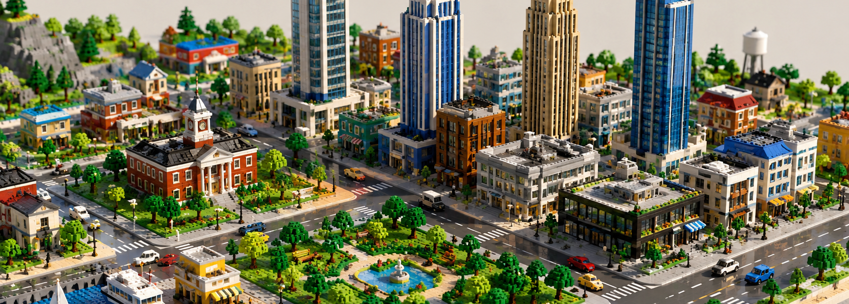 A detailed brick-built city viewed from above, with tall skyscrapers, streets, a central park and a waterfront on a bright background.