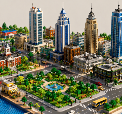 A detailed brick-built city viewed from above, with tall skyscrapers, streets, a central park and a waterfront on a bright background.