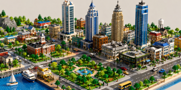 A detailed brick-built city viewed from above, with tall skyscrapers, streets, a central park and a waterfront on a bright background.