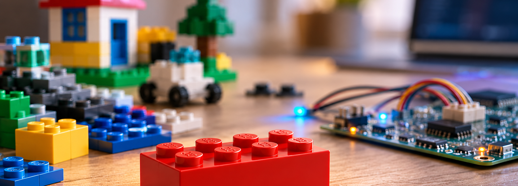 A red construction brick on a neutral tabletop beside colorful bricks and a green electronics board with subtle PCB-style traces.