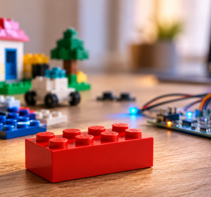 A red construction brick on a neutral tabletop beside colorful bricks and a green electronics board with subtle PCB-style traces.
