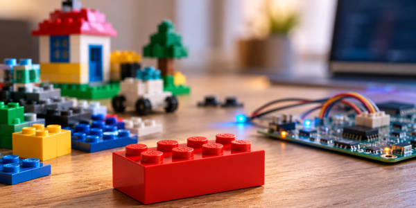 A red construction brick on a neutral tabletop beside colorful bricks and a green electronics board with subtle PCB-style traces.