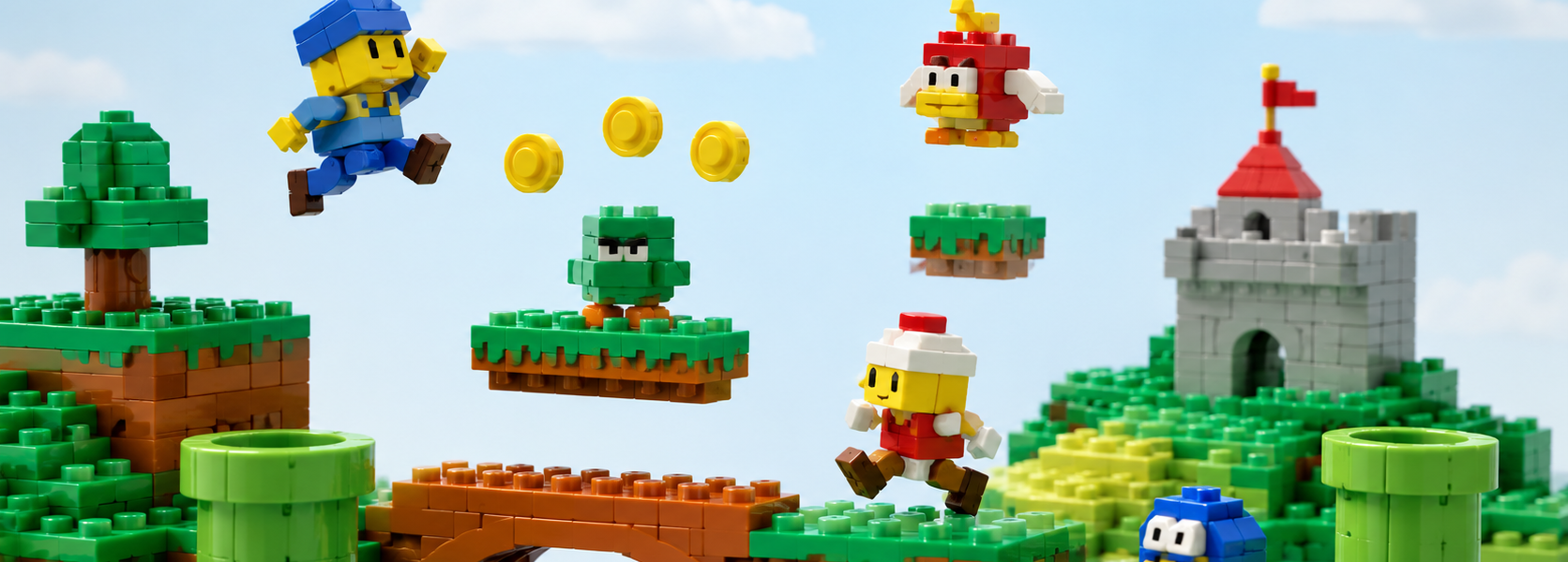 A brick-built platform-game scene with colorful characters, floating platforms, coins, pipes and a small castle in the background.